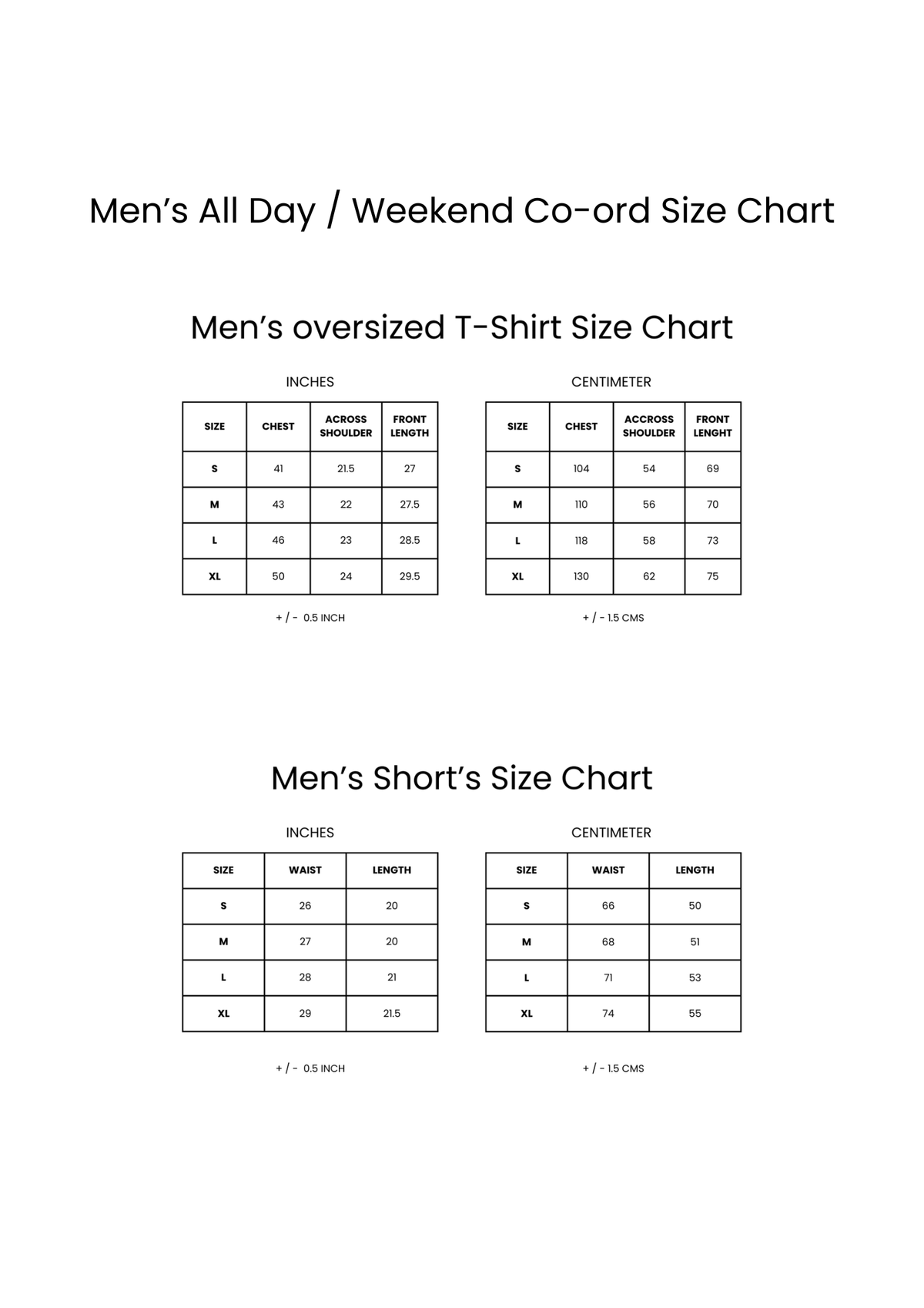 All Day Co-ord Set Size Chart