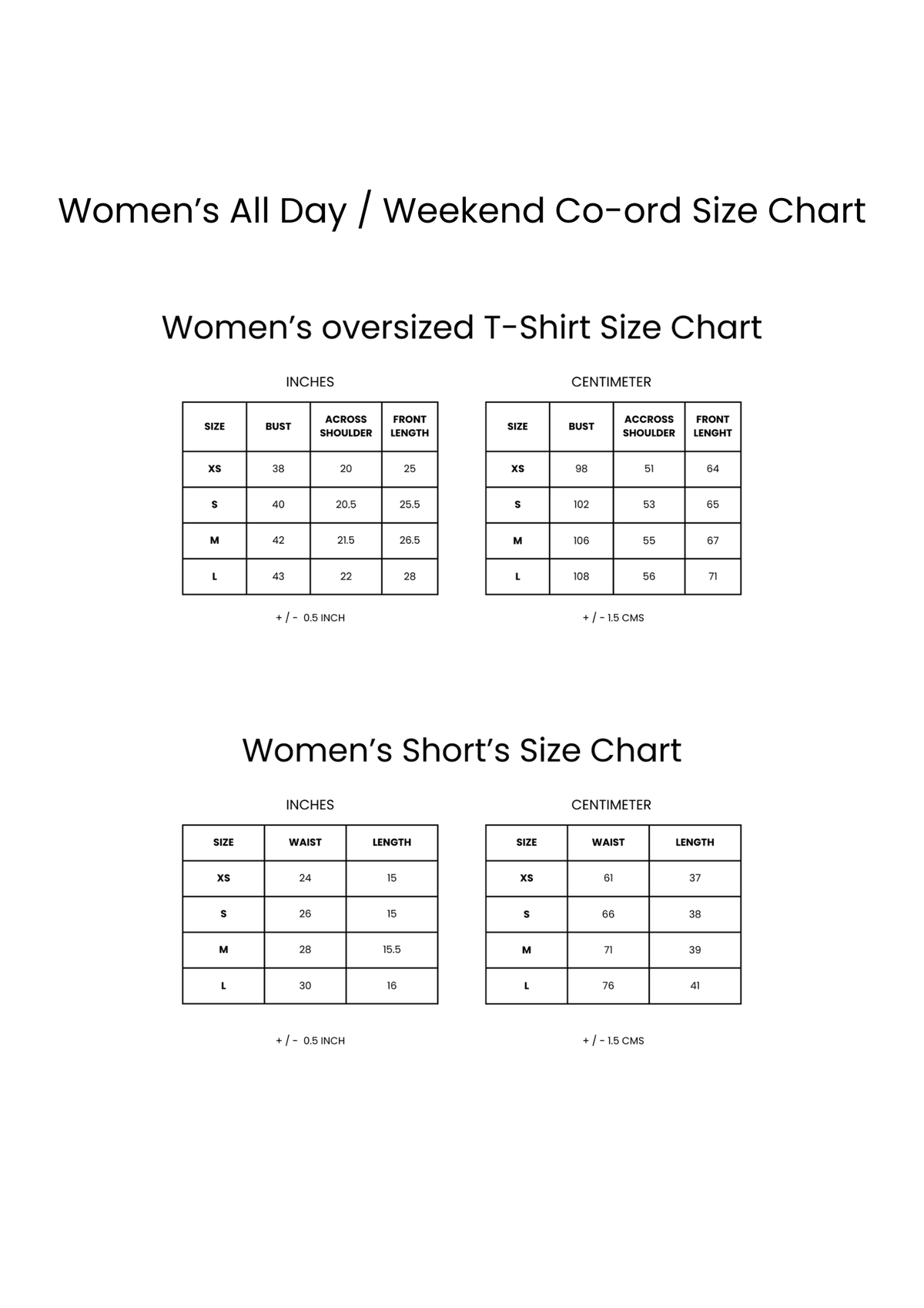 All Day Co-ord Set Size Chart