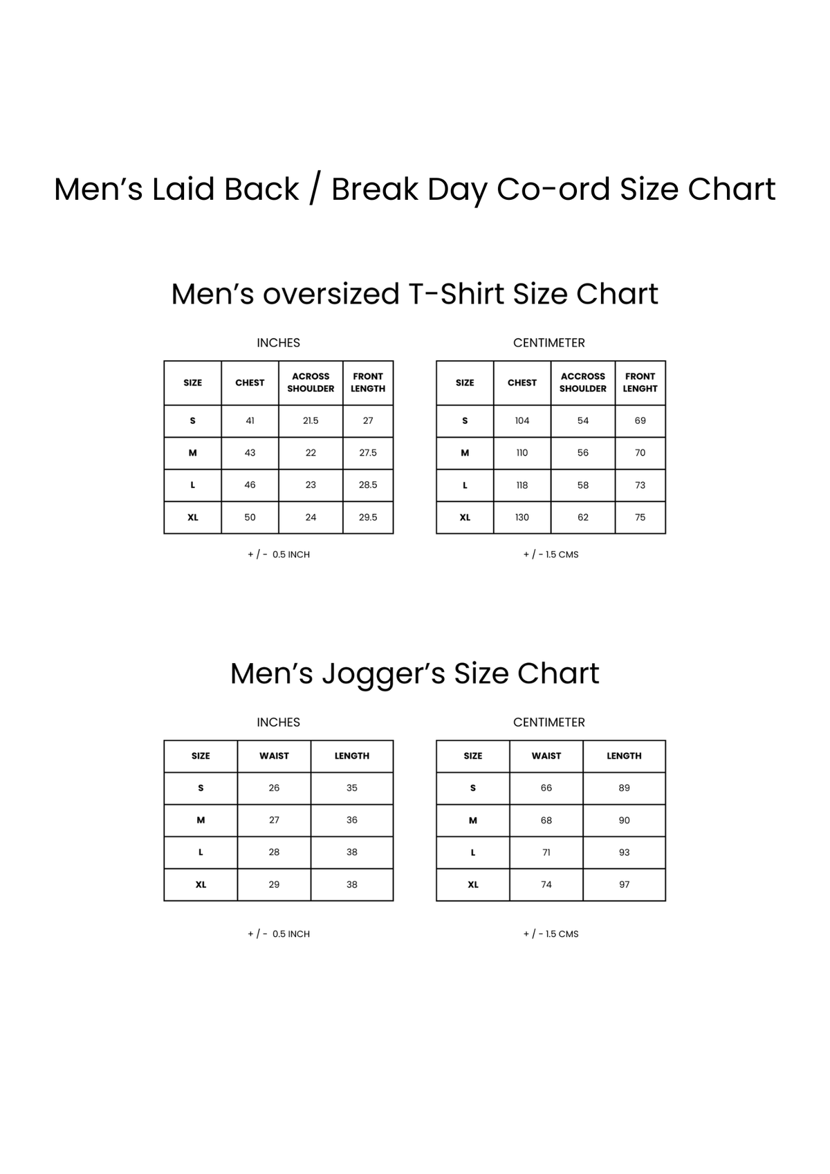 Break Day Co-ord Set Size Chart