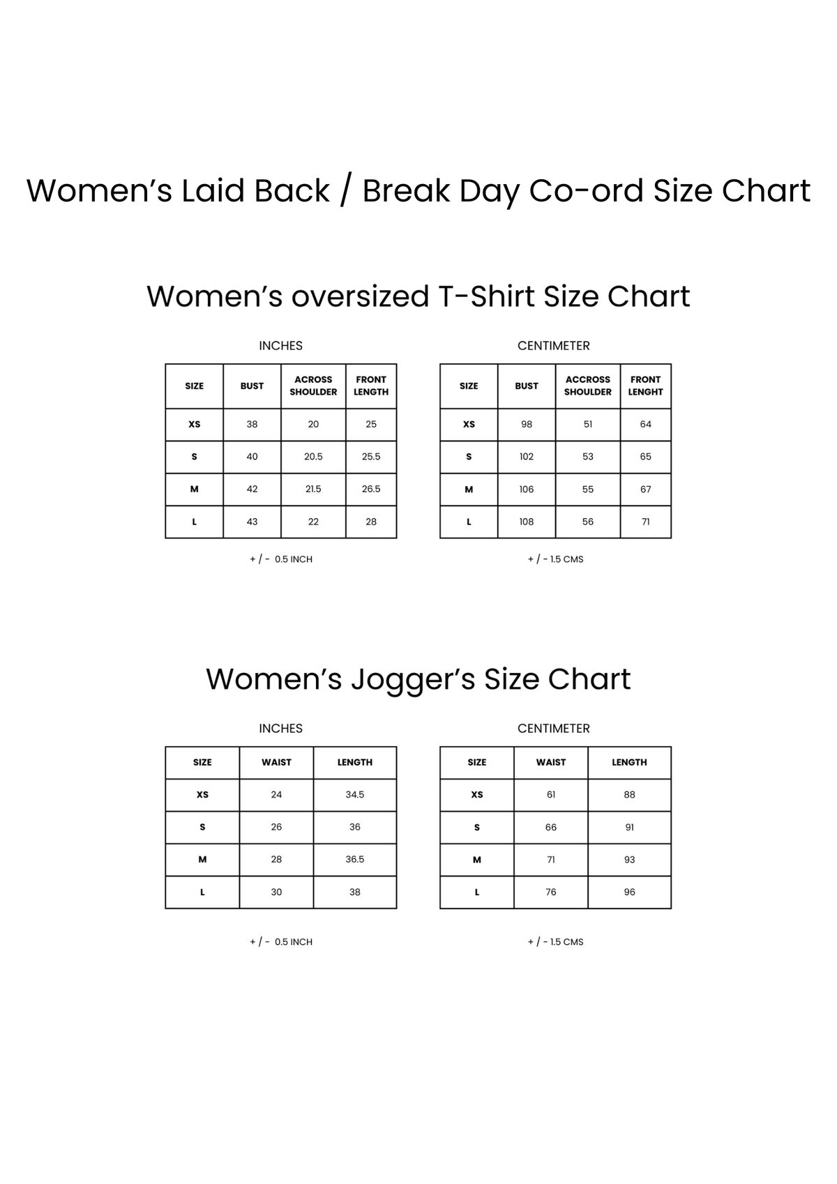 Break Day Co-ord Set Size Chart